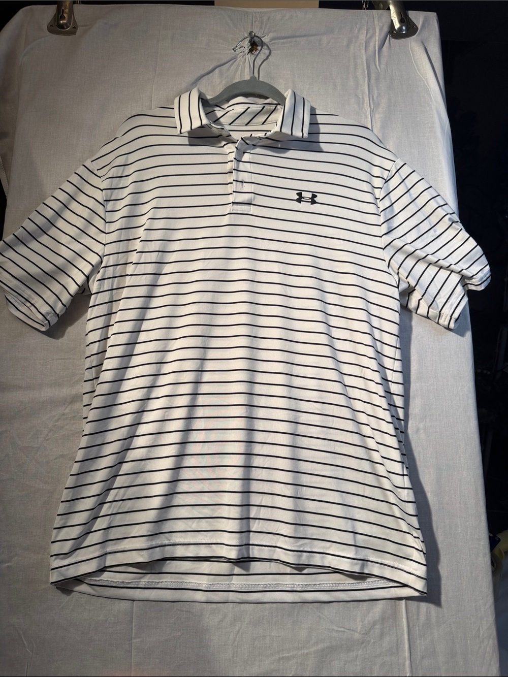 Under Armour White Polo with Black  Horizontal Stripes Lg the playoff polo